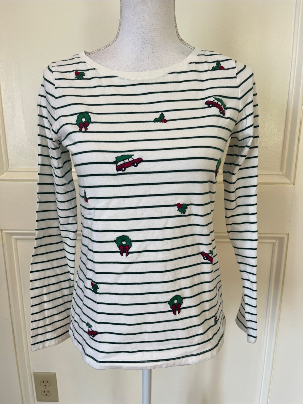 Talbots White Striped Long-Sleeve Top with Green & Red Holiday Embroidery